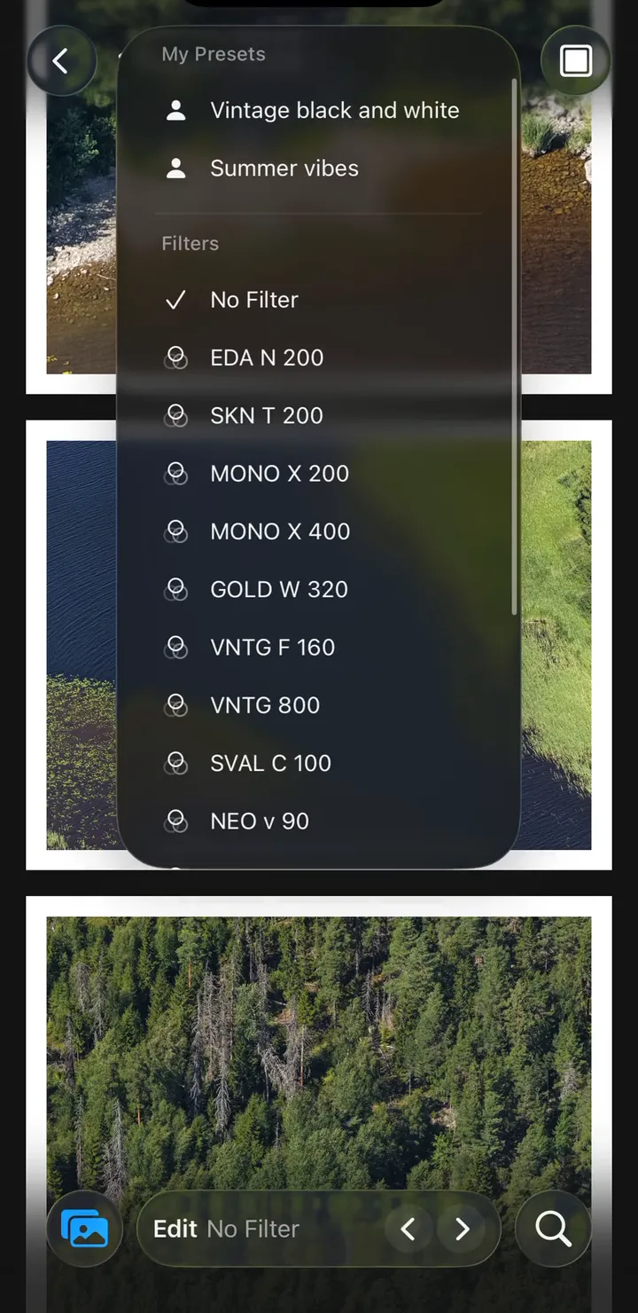 The EditAll look menu listing film presets