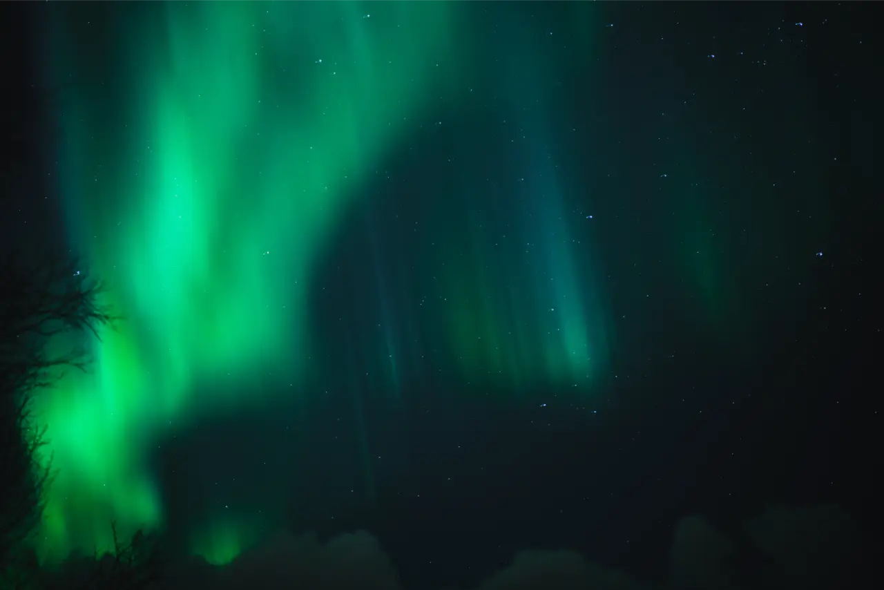 Green northern lights across a night sky, unedited